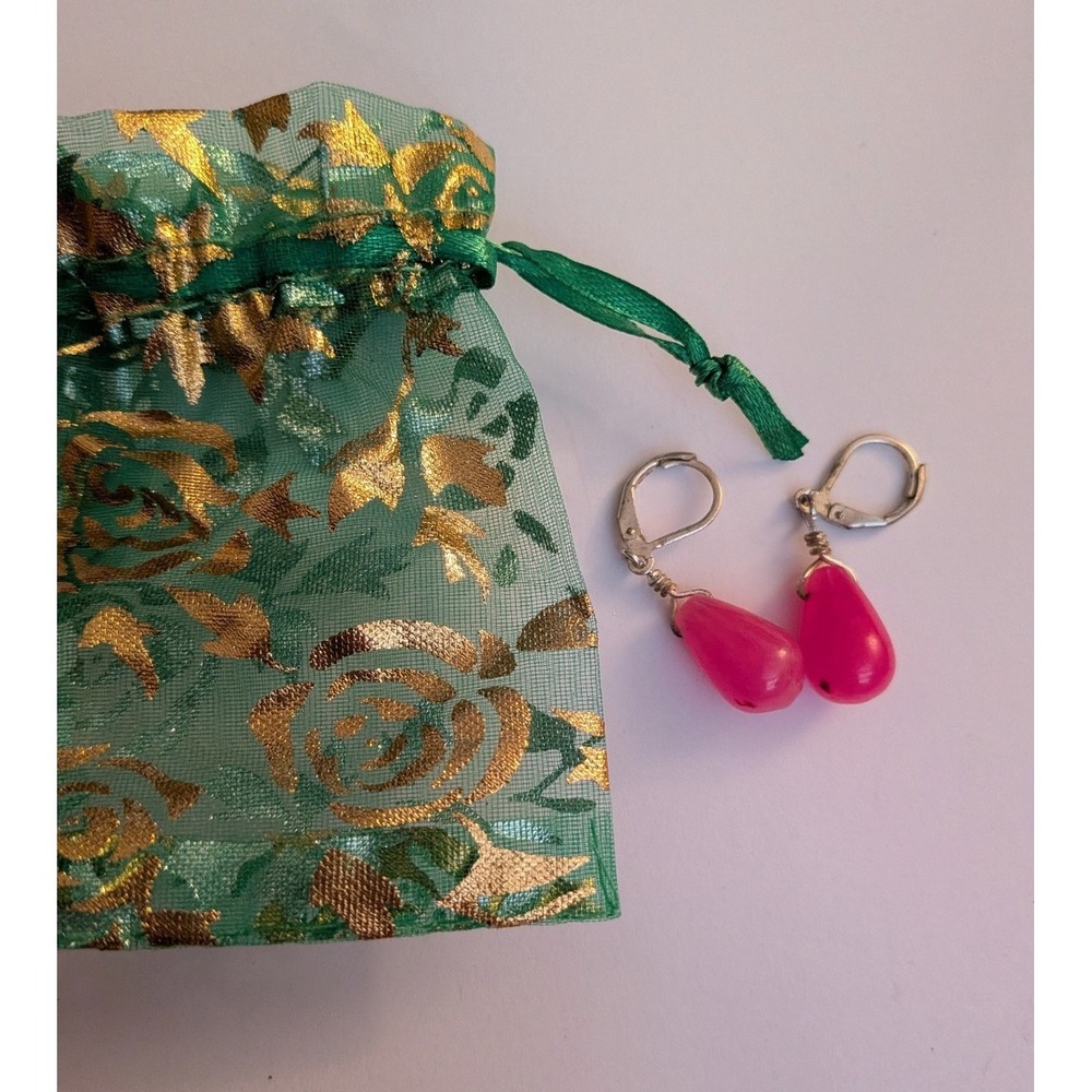 Handmade Hot Pink Teardrop Stone Leverback Drop Earrings with Organza Gift Bag